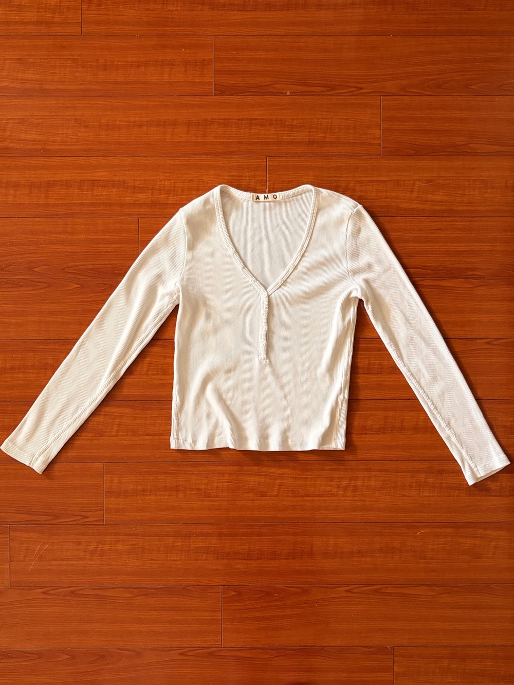 AMO Cream Henley Long Sleeve Ribbed Knit Top